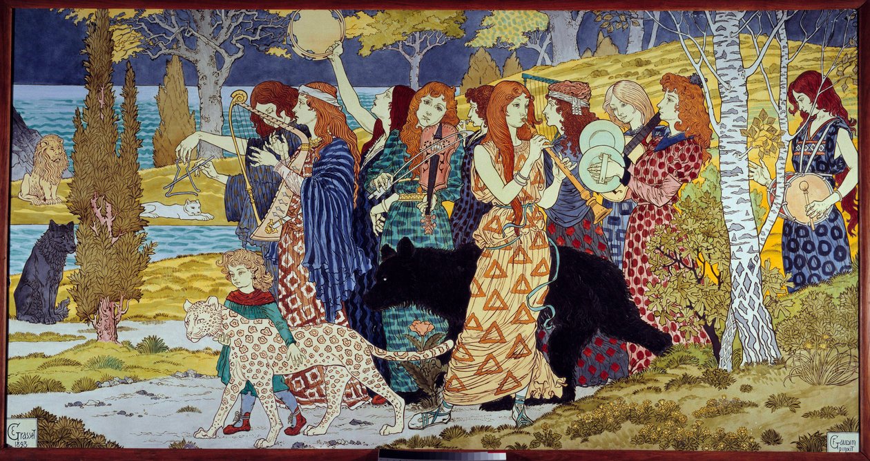 Art Nouveau: "" Harmony"" Musikere og dyr. Lava emaillee af Eugene Grasset (1841-1917) 1893 Søn. 1,3x2,45 m Paris, musee d