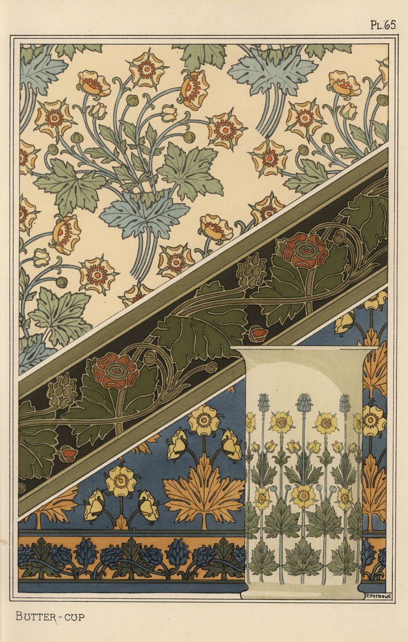 Smørblomst i art nouveau mønstre til tapeter og en vase af Eugene Grasset