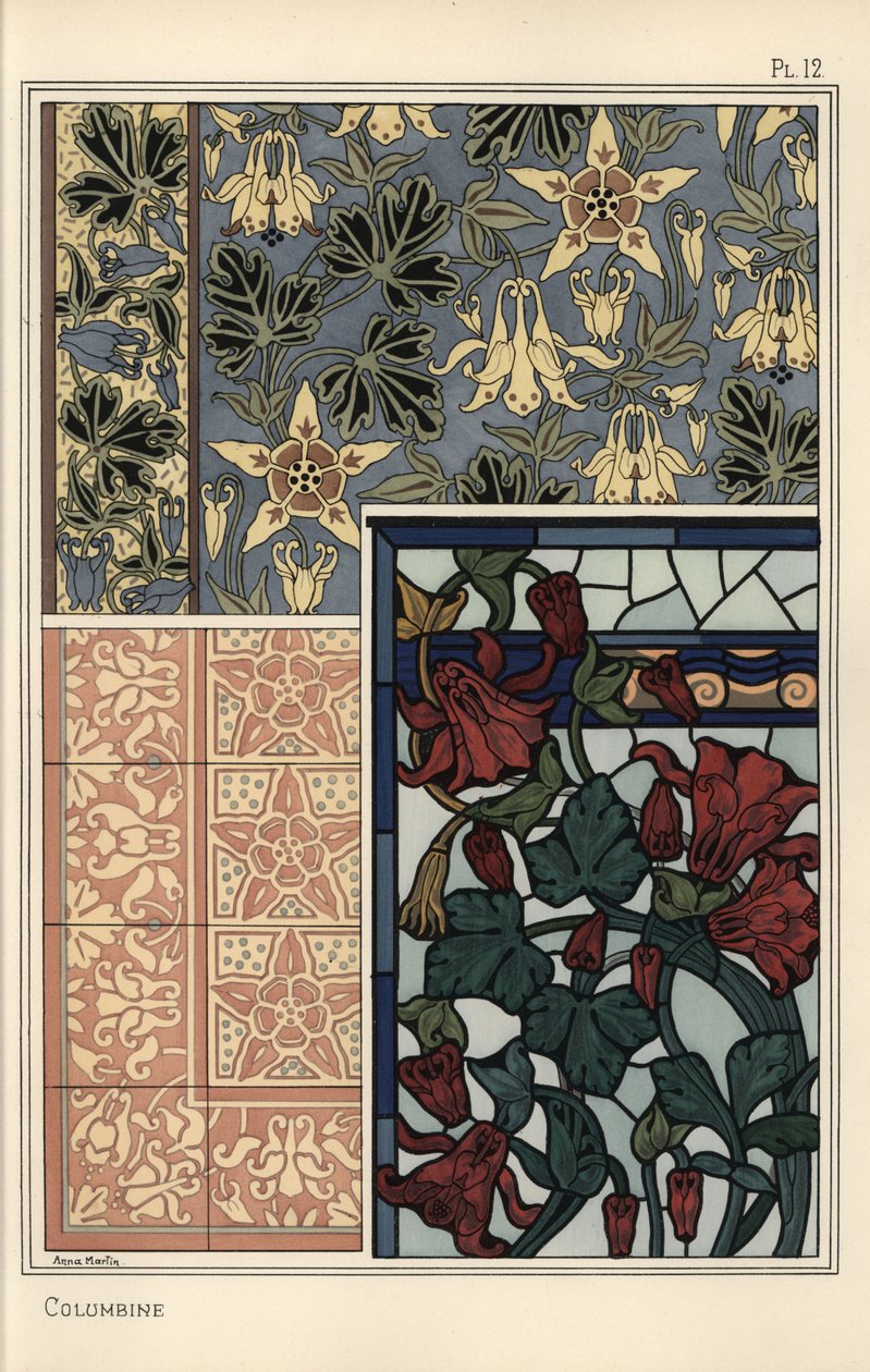 Akeleje, Aquilegia vulgaris, blomst i mønstre til tapet, farvet glas og fliser af Eugene Grasset