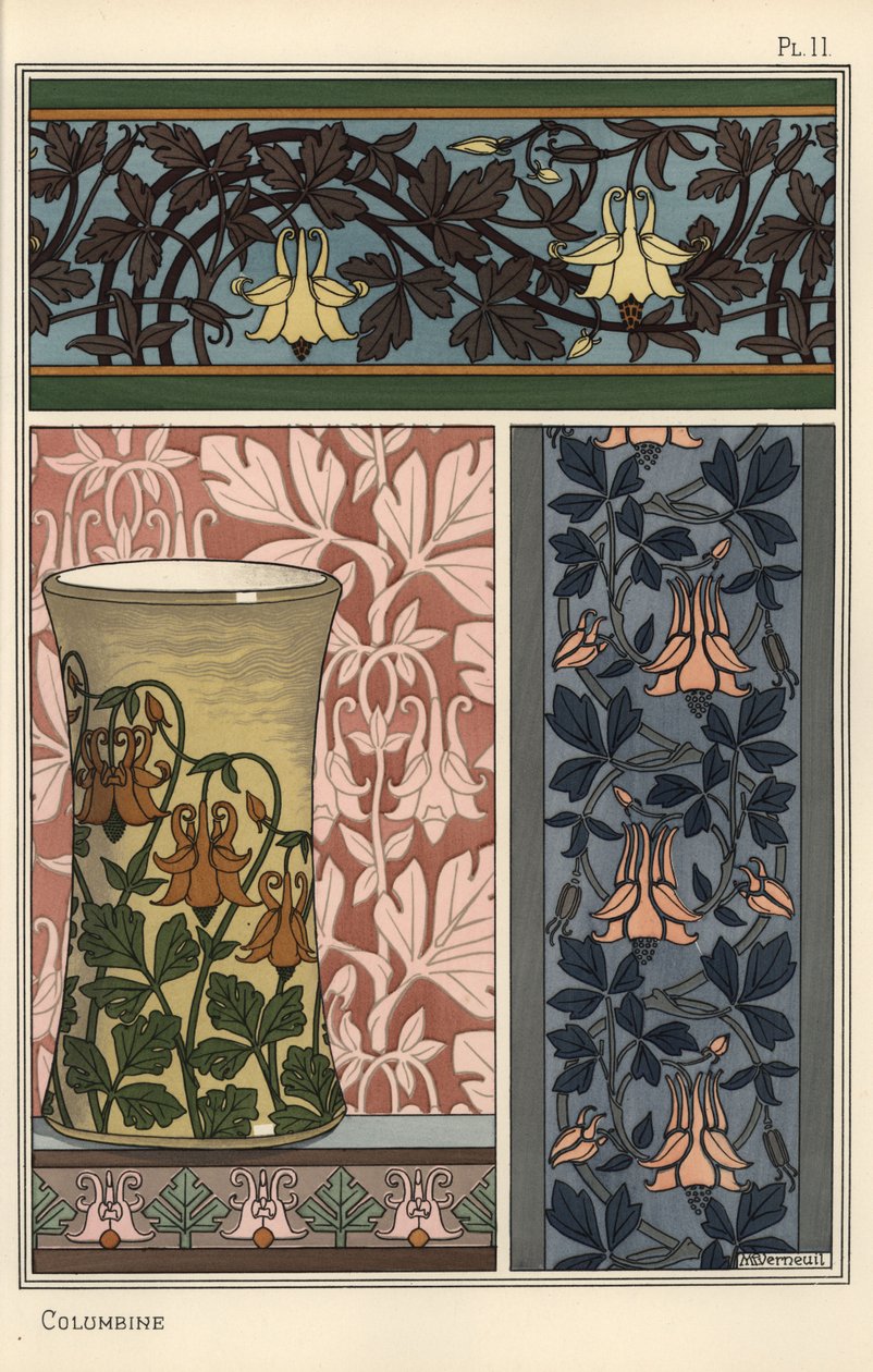 Akelejeblomst, Aquilegia vulgaris, i mønstre til tapet, stof og vase af Eugene Grasset