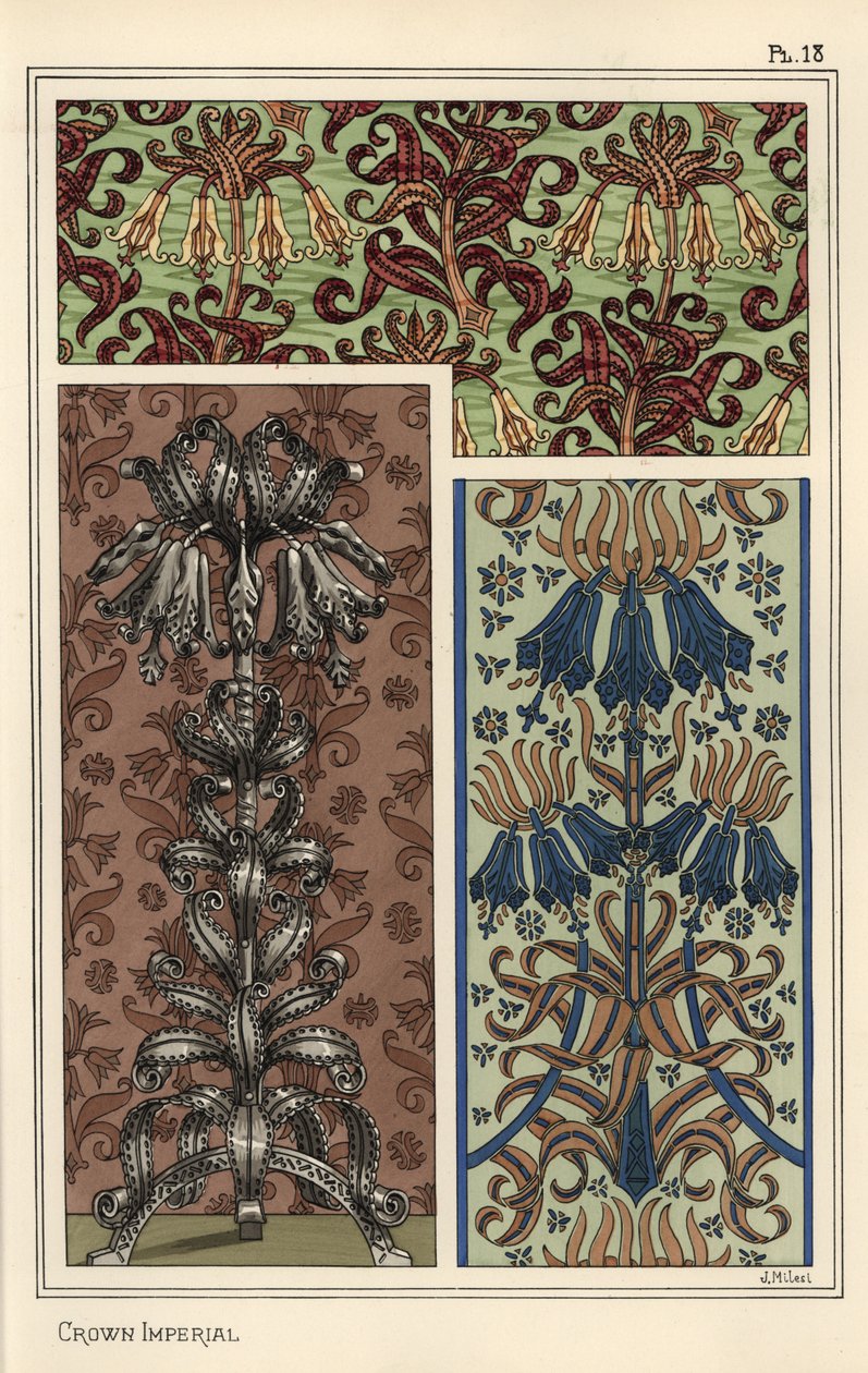 Kejserkroneblomst, Fritillaria imperialis, i tapet- og stofmønstre og som design til en kunstgenstand i stål af Eugene Grasset