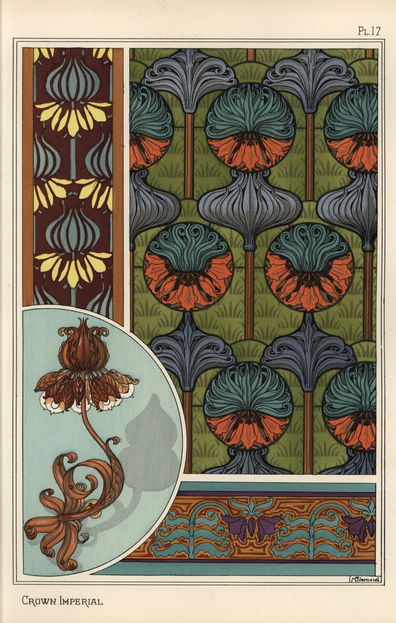 Kejserkroneblomst, Fritillaria imperialis, i tapet- og stofmønstre og som design til en smedejernslampe af Eugene Grasset