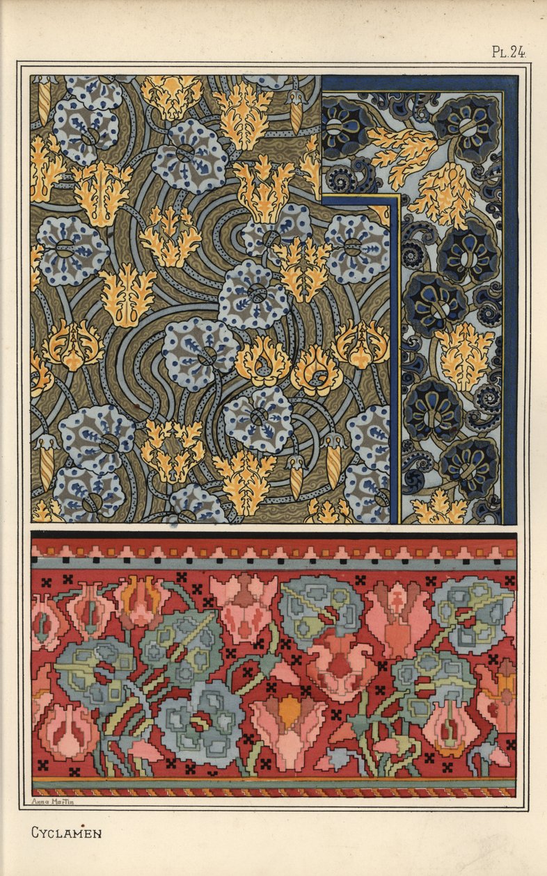 Cyclamen persicum plante som motiv i designs til gobelin, stof og tapet. Litografi af Anna Martin af Eugene Grasset