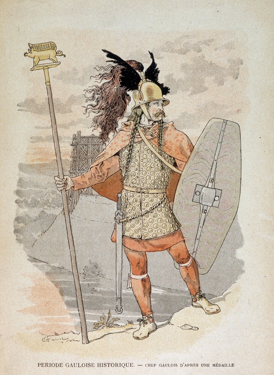 Gallisk leder (efter en medalje): at holde et "" banner"""" decorore af en orne underviser - i "" Illustrous Teaching Cahiers, War Costumes of the Bronze Age and the Gallic Age"", red Grasset af Eugene Grasset