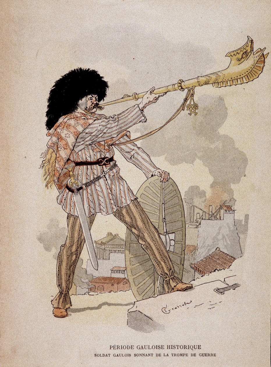 Gallisk soldat lydende fra krigens horn (carnyx) - i "" Illustrous Teaching Cahiers, War Costumes of the Bronze Age and the Gallish Age"", red Grasset af Eugene Grasset