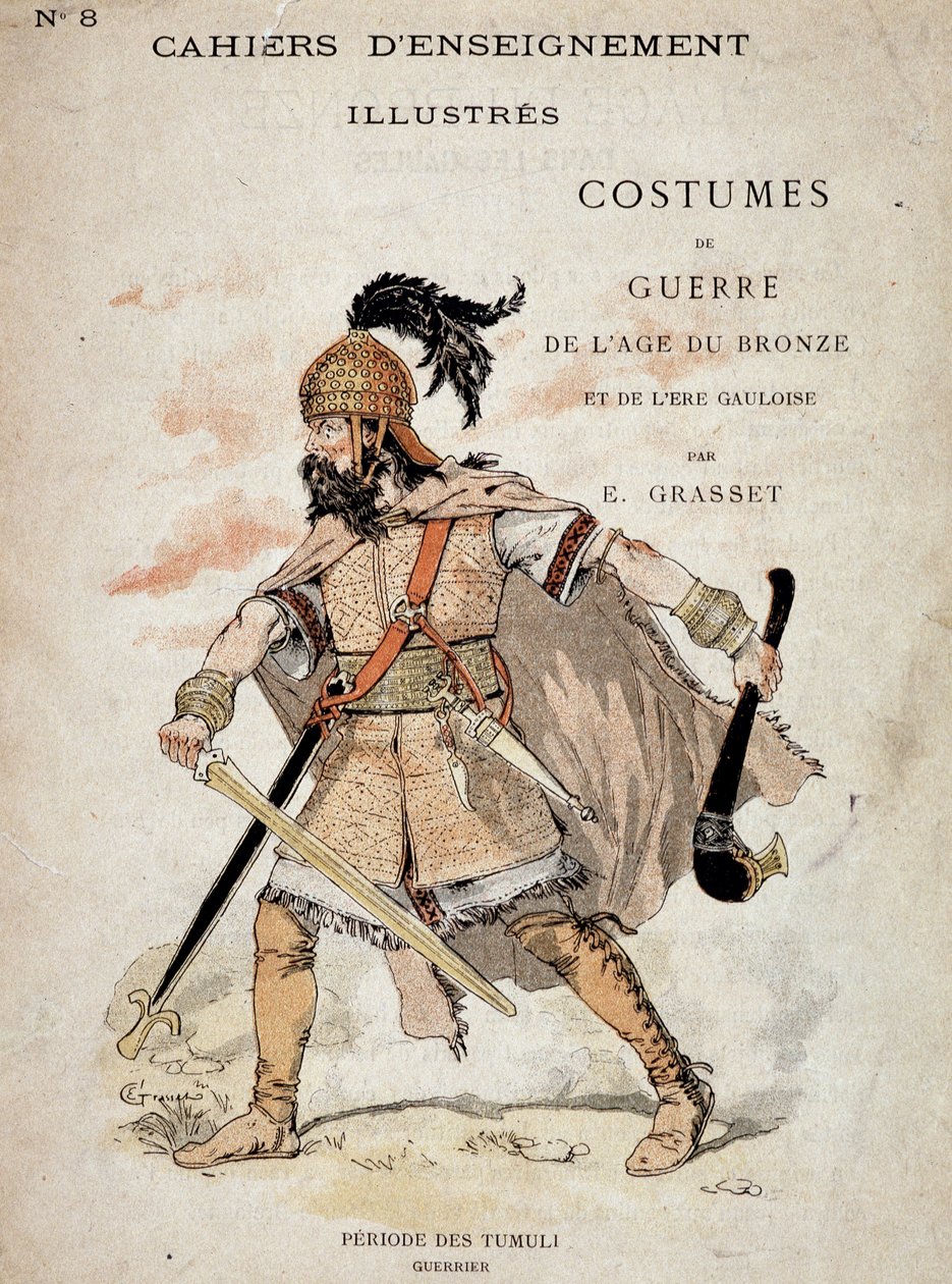 Gallisk kriger fra Tumuli-perioden - i "" Illustrous Teaching Cahiers, War Costumes of the Bronze Age and the Gallish Age"", red. Græssæt. Illustration af Eugene Samuel Grasset (1841-1917). af Eugene Grasset