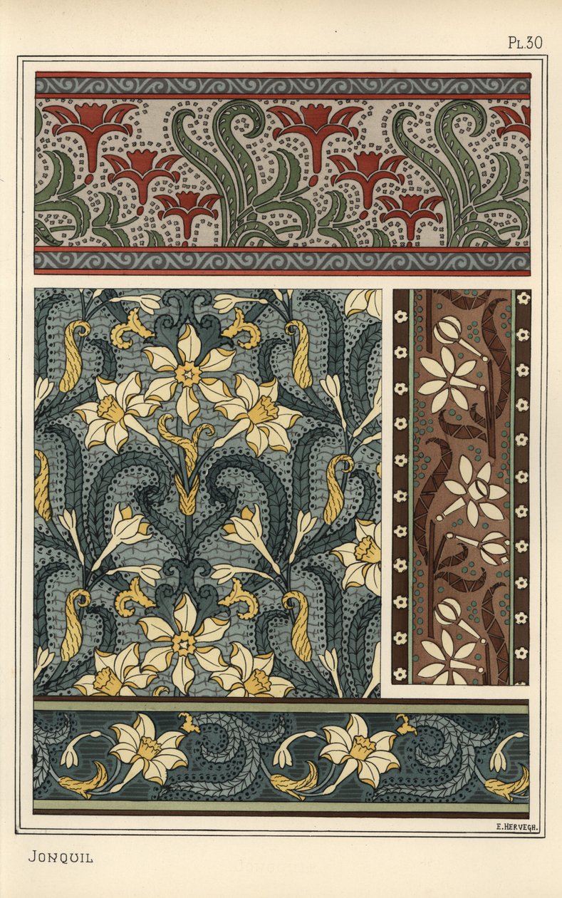 Jonquil, Narcissus jonquilla, som designmotiv i tapet- og stofmønstre af Eugene Grasset