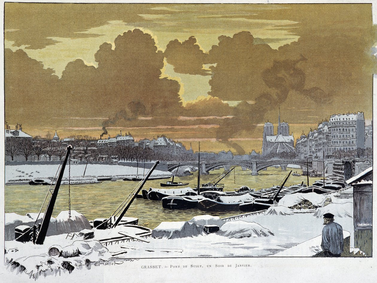 Le pont de Sully, i Paris dækket sne, en aften i januar 1886 - af Grasset af Eugene Grasset