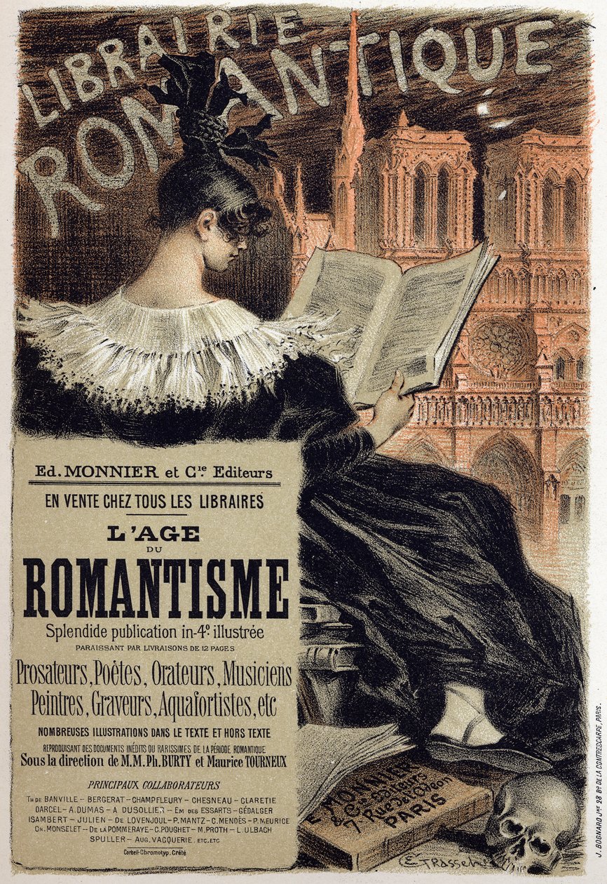 Litteratur. Librairie romantique (Romantisk boghandel.) Plakat af Eugene Grasset for redaktøren Monnier, Frankrig, ca. 1890 Coll. En del. (plakat) af Eugene Grasset