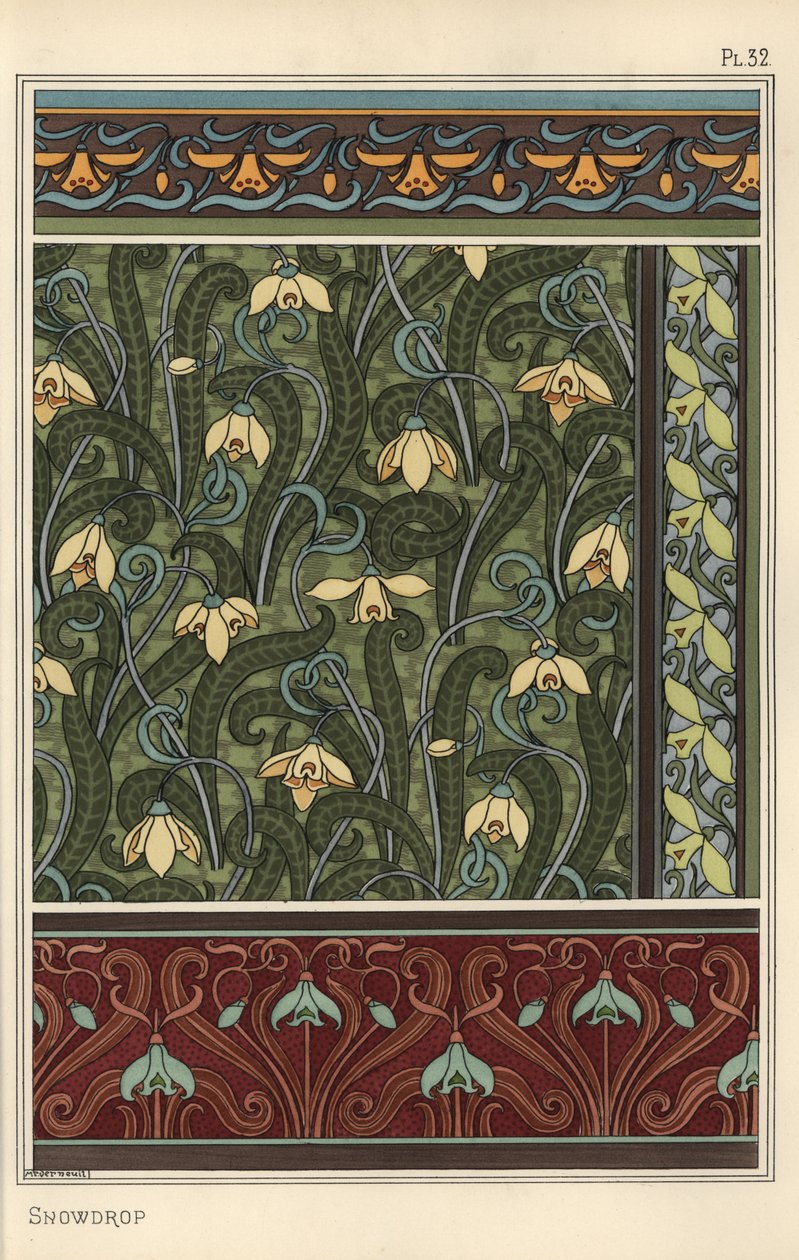 Vintergæk, Galanthus nivalis, som designmotiv i tapet, border og stoffer af Eugene Grasset