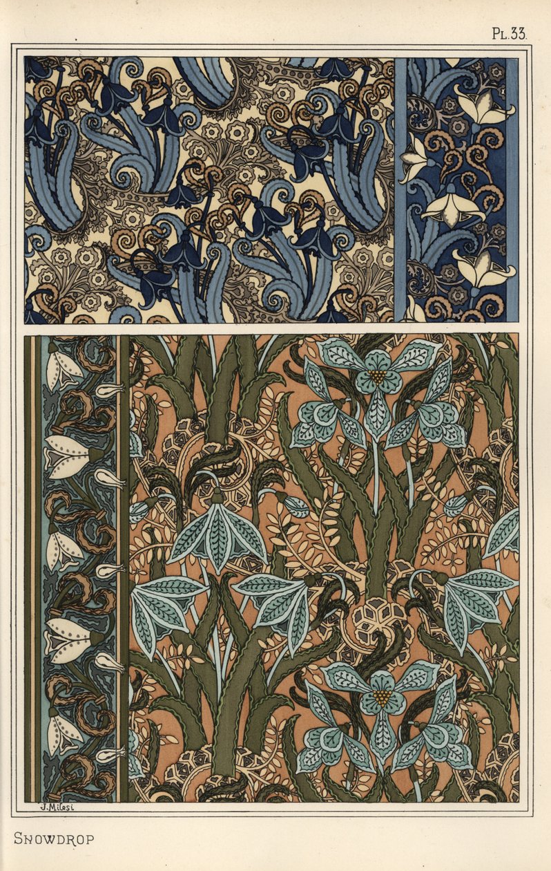Vintergæk, Galanthus nivalis, som designmotiv i tapet, border og stoffer af Eugene Grasset