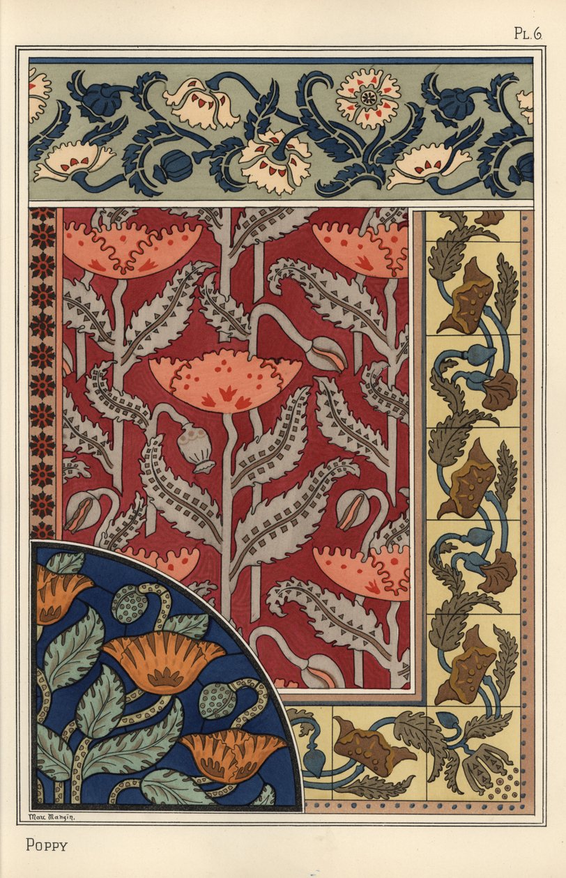 Valmuen, Papaver somniferum, i farvet glas, tapet, stof og flisemønstre. Litografi af Marc Mangin af Eugene Grasset