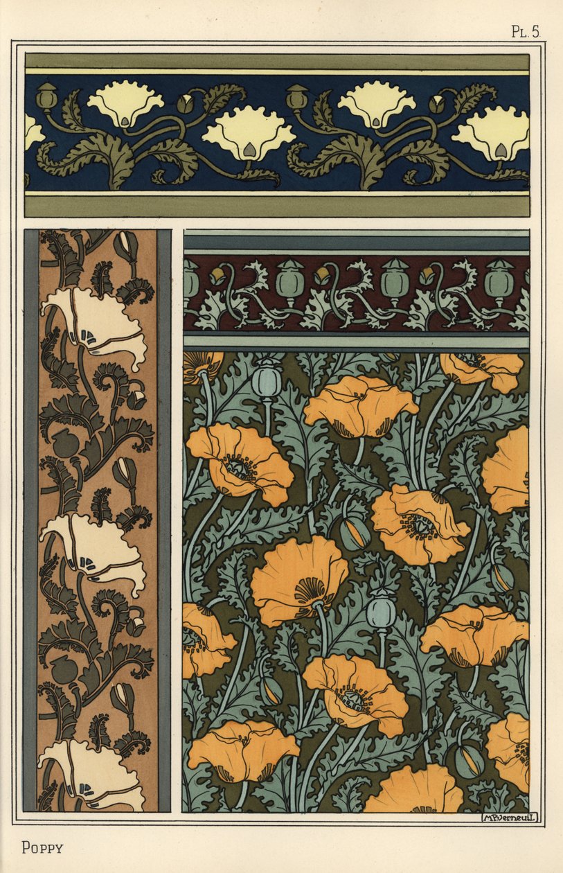 Valmuen, Papaver somniferum, i tapet- og stofmønstre. Litografi af Verneuil af Eugene Grasset