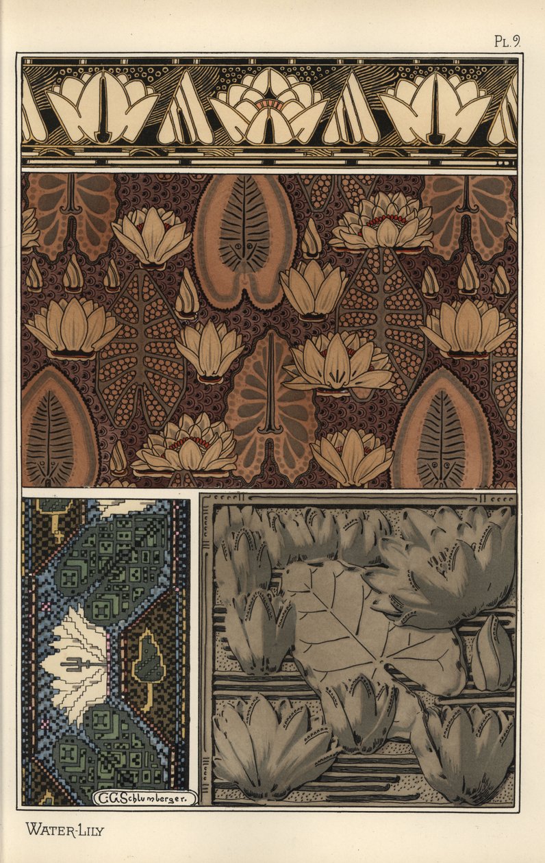 Åkande, Nelumbo lutea, i stof, korsstings-tapet og reliefforme. Litografi af C. G. Schlumberger af Eugene Grasset
