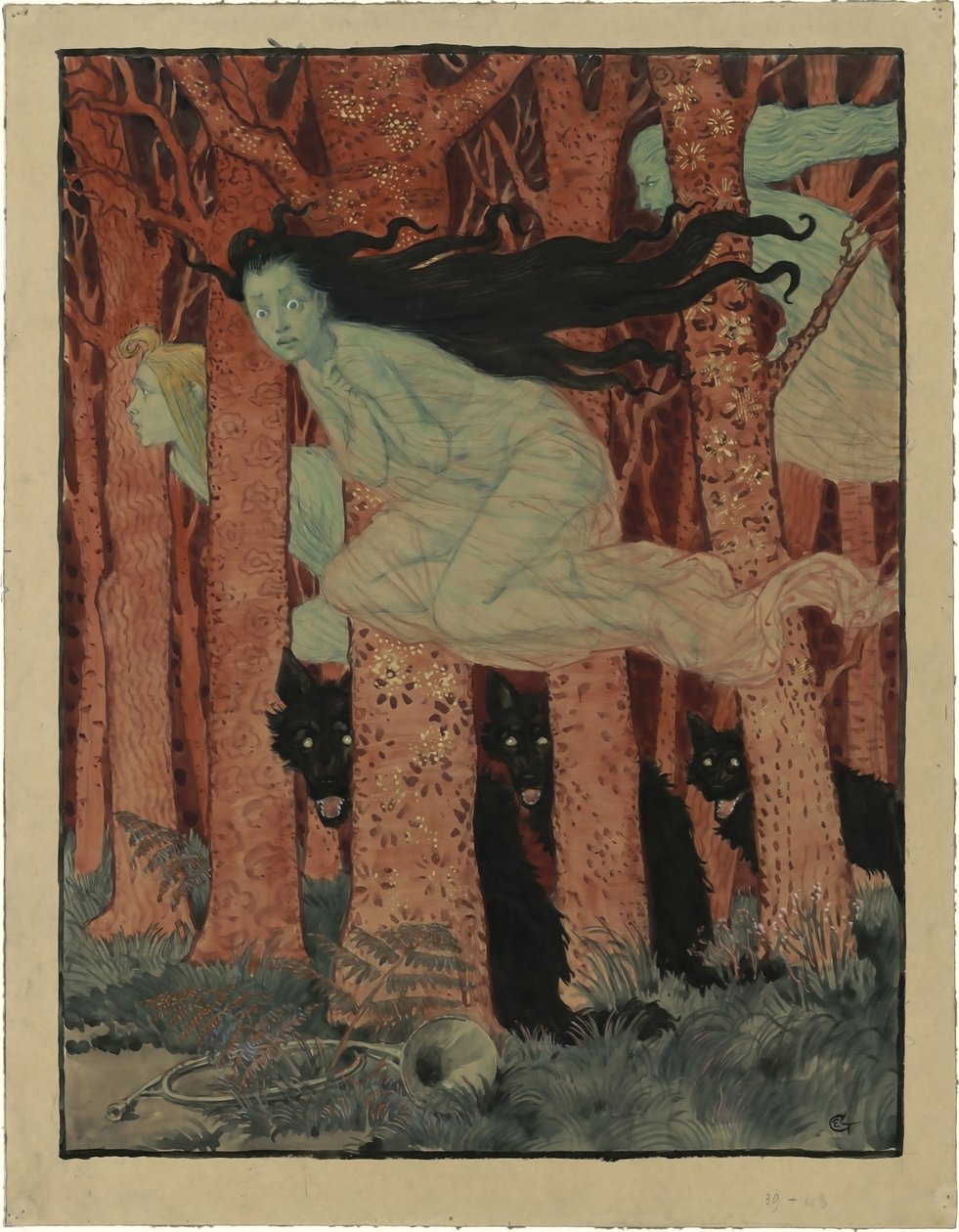Tre kvinder og tre ulve Tre kvinder og tre ulve, ca 1892. af Eugene Grasset