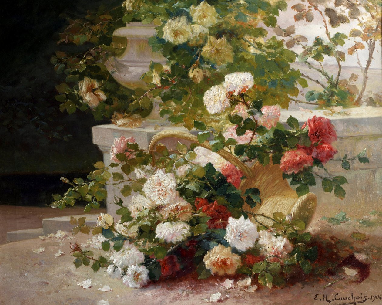 Kurv med roser. Maleri af Eugene Henri Cauchois (1850-1911) Privat samling. af Eugene Henri Cauchois