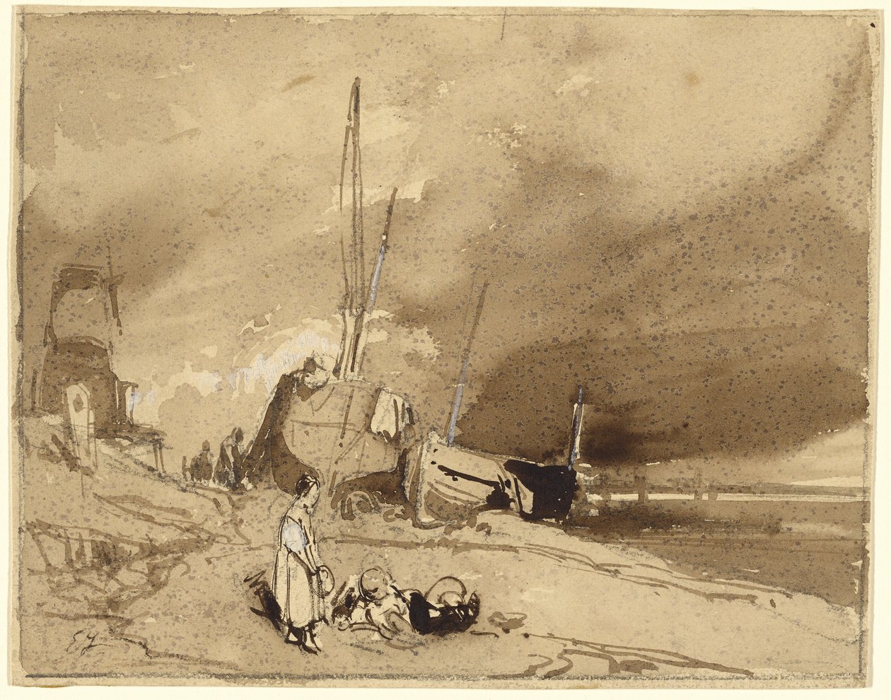 Bord de Plage (fiskerbåde på en strand, stormskyer i det fjerne) af Eugene Isabey