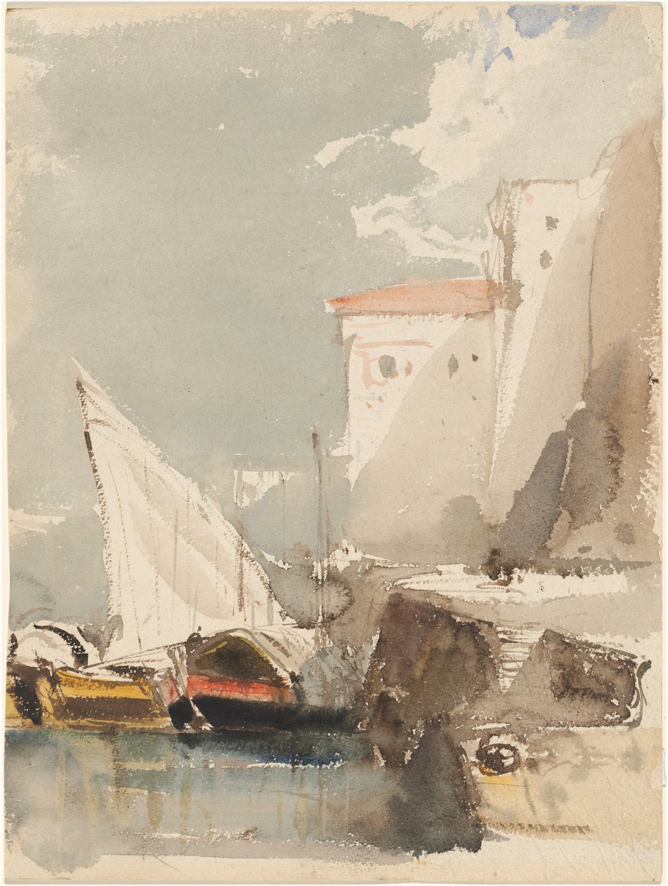 Sejlbåde i en solbeskinnet havn (forside) af Eugene Isabey