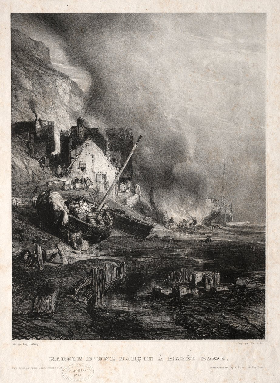 Six Marines: Ombygning af en båd ved lavvande, 1833. af Eugene Isabey