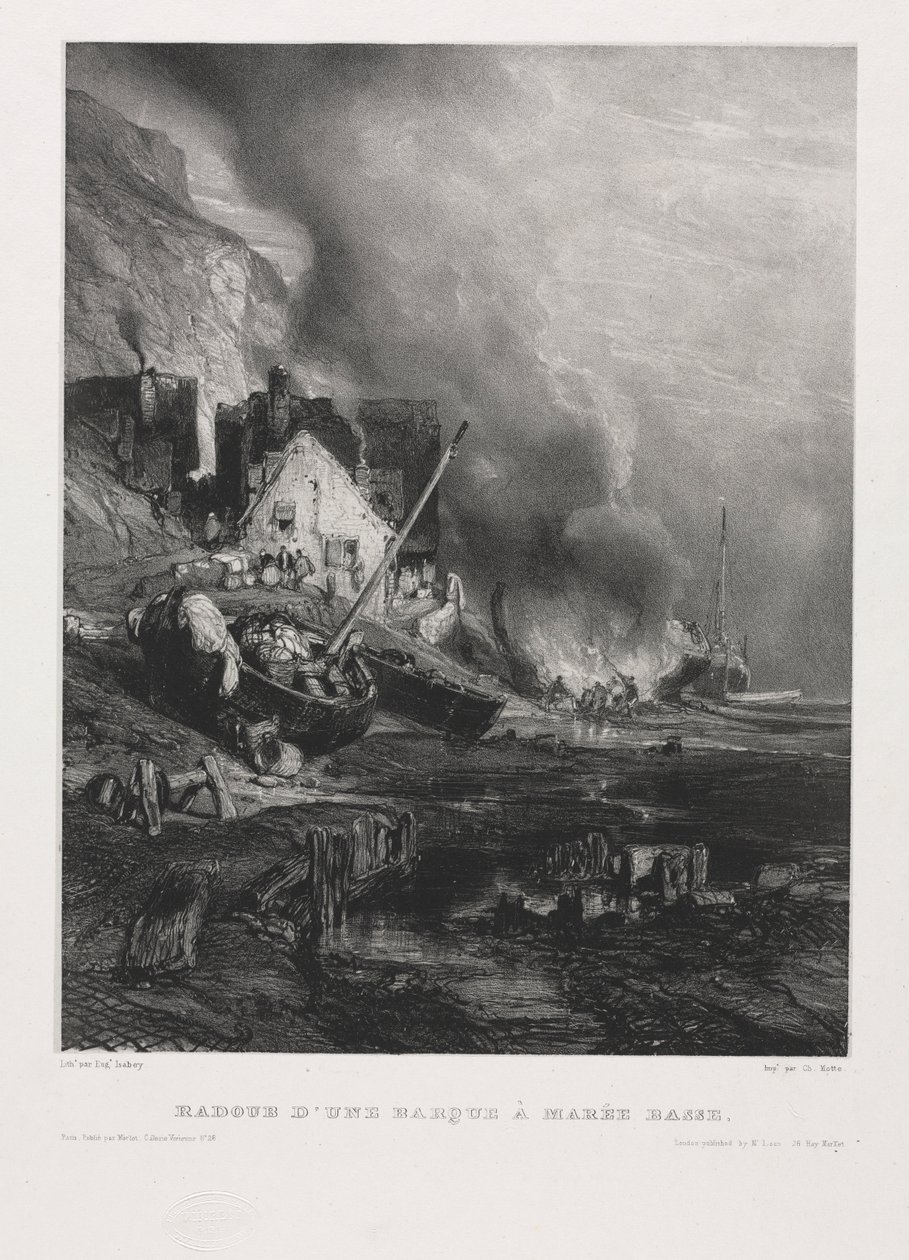 Six Marines: Refitting of a Boat at Low Tide, 1833. af Eugene Isabey