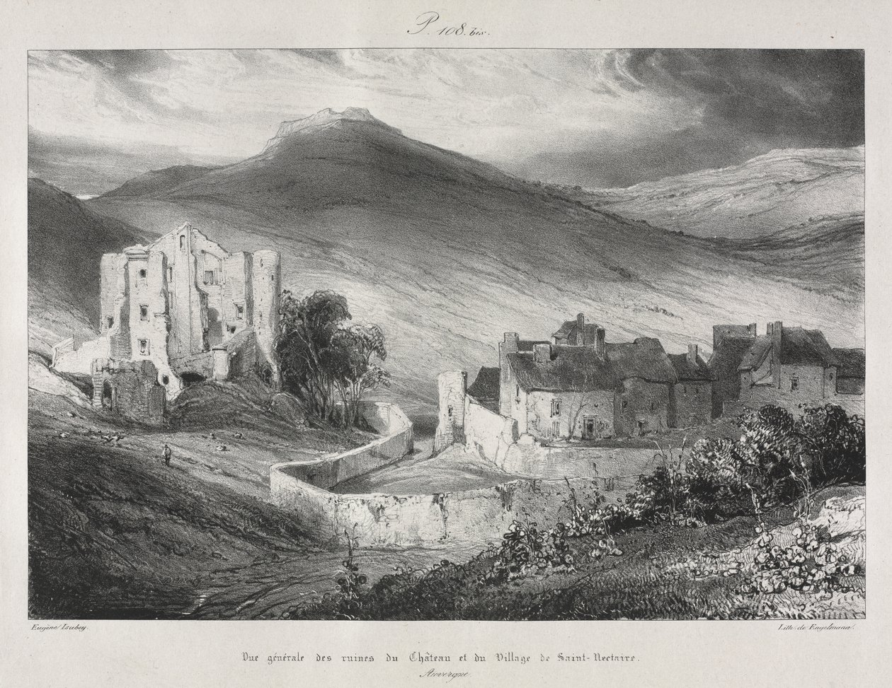 Maleriske og romantiske ture i det gamle Frankrig, Auvergne: Ruiner af slottet og landsbyen Saint Nectaire af Eugene Isabey