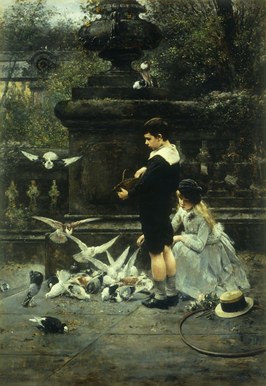Feeding the Pigeons, 1887 af Eugene Joors
