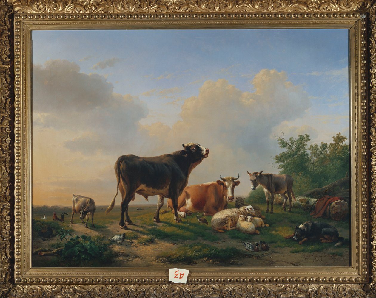 En tyr, en ko, et æsel, en ged, får og fjerkræ i et vidtstrakt landskab, 1849 af Eugene Joseph Verboeckhoven