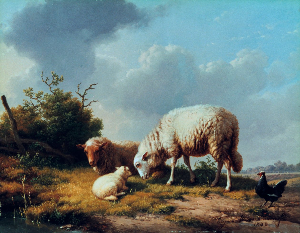 Får og fjerkræ i et landskab, 1800-tallet. af Eugene Joseph Verboeckhoven