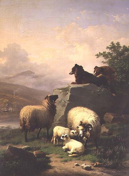 Får og lam med to hunde i et flodlandskab af Eugene Joseph Verboeckhoven