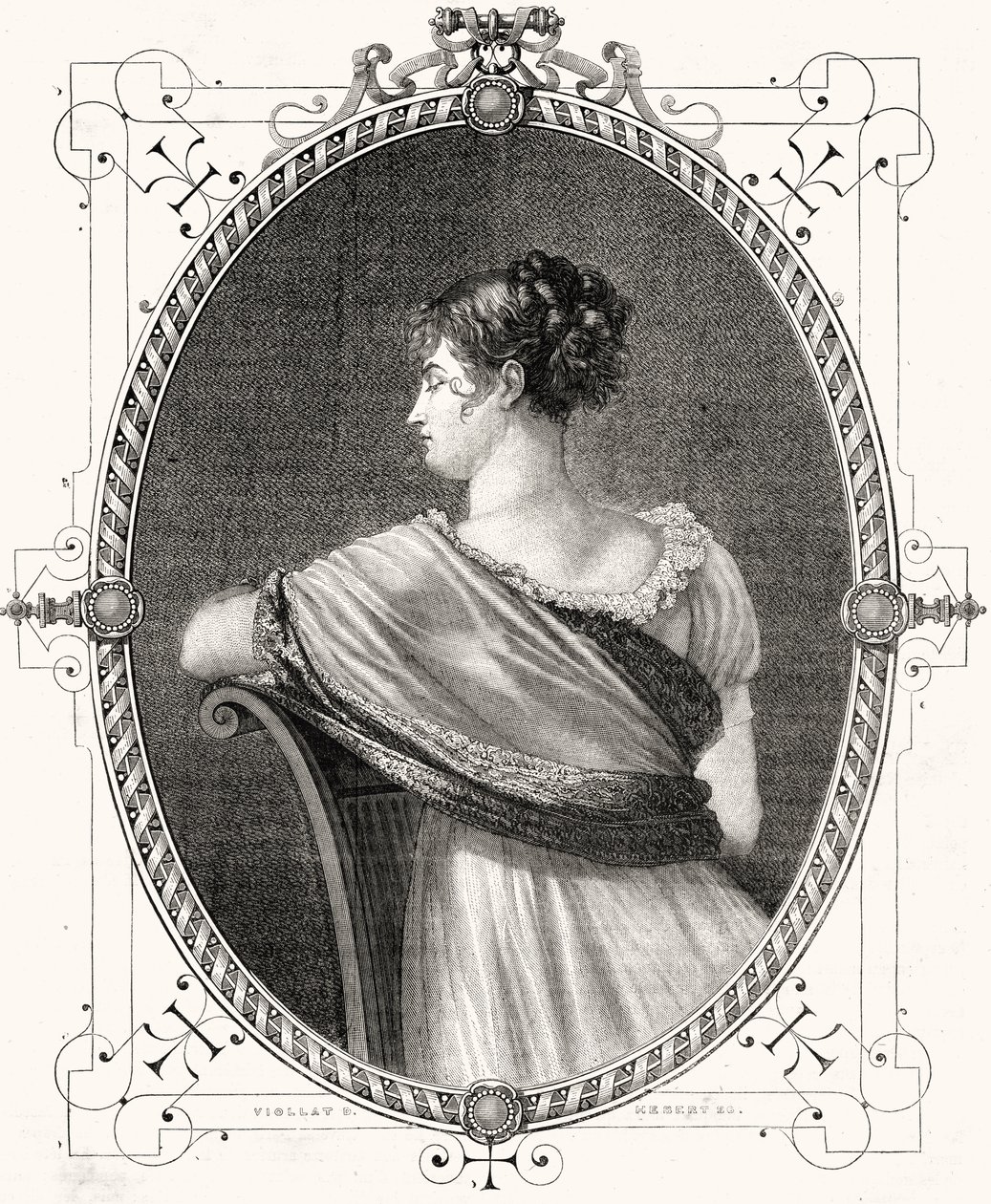Portræt af Madame Recamier (1777-1849) graveret af Antoine Auguste Ernest Hebert (1817-1908) af Eugene Joseph Viollat