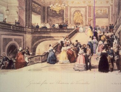 En bold på Chateau de Versailles, graveret af Charles Rolls (farvet gravering) af Eugene Louis (after) Lami