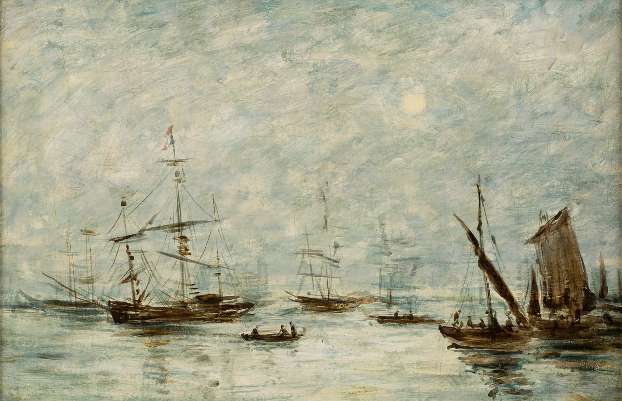 Både fortøjet i en havn (olie på lærred) af Eugene Louis (attr.to) Boudin