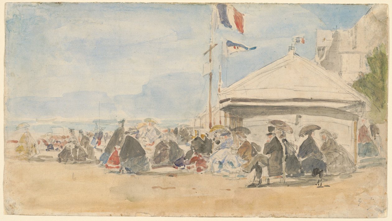 Strandhus med flag ved Trouville, ca. 1865. af Eugene Louis Boudin