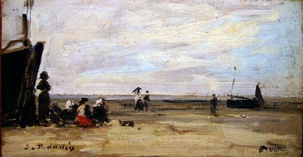 Strandscene (olie om bord) af Eugene Louis Boudin