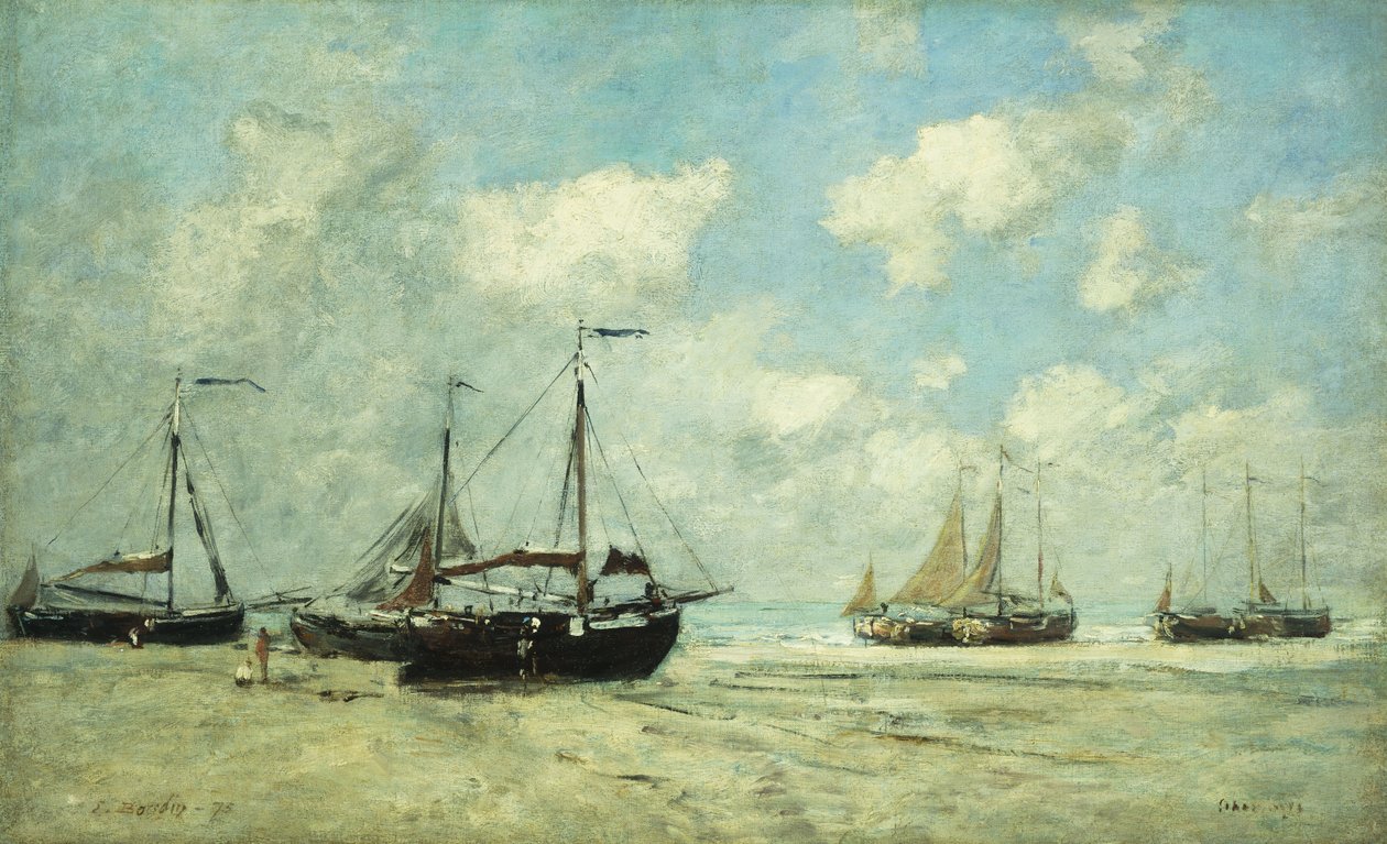 Både på kysten ved Scheveningen; Scheveningen, Skibe strandede på Greve, 1875 af Eugene Louis Boudin