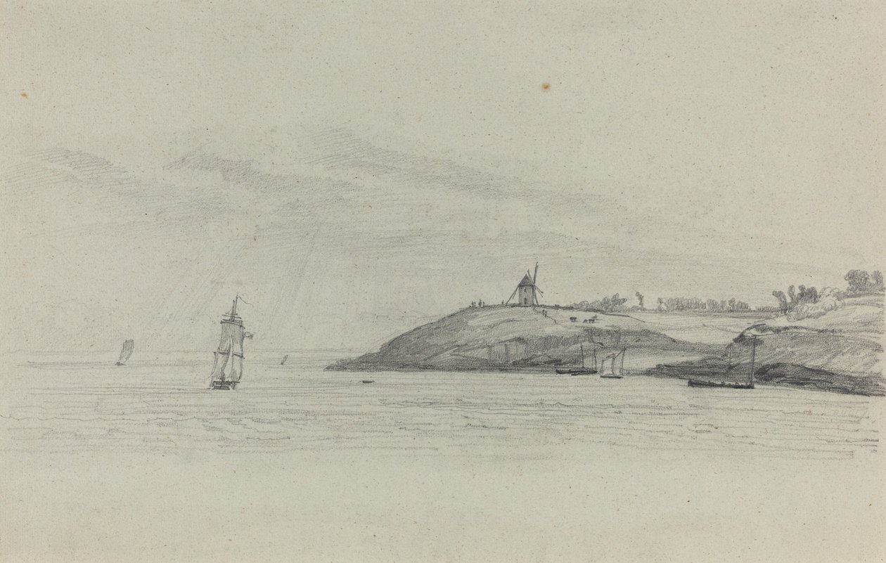 Kystlandskab med Skibsfart, Vindmølle i Afstand, ca. 1858. af Eugene Louis Boudin