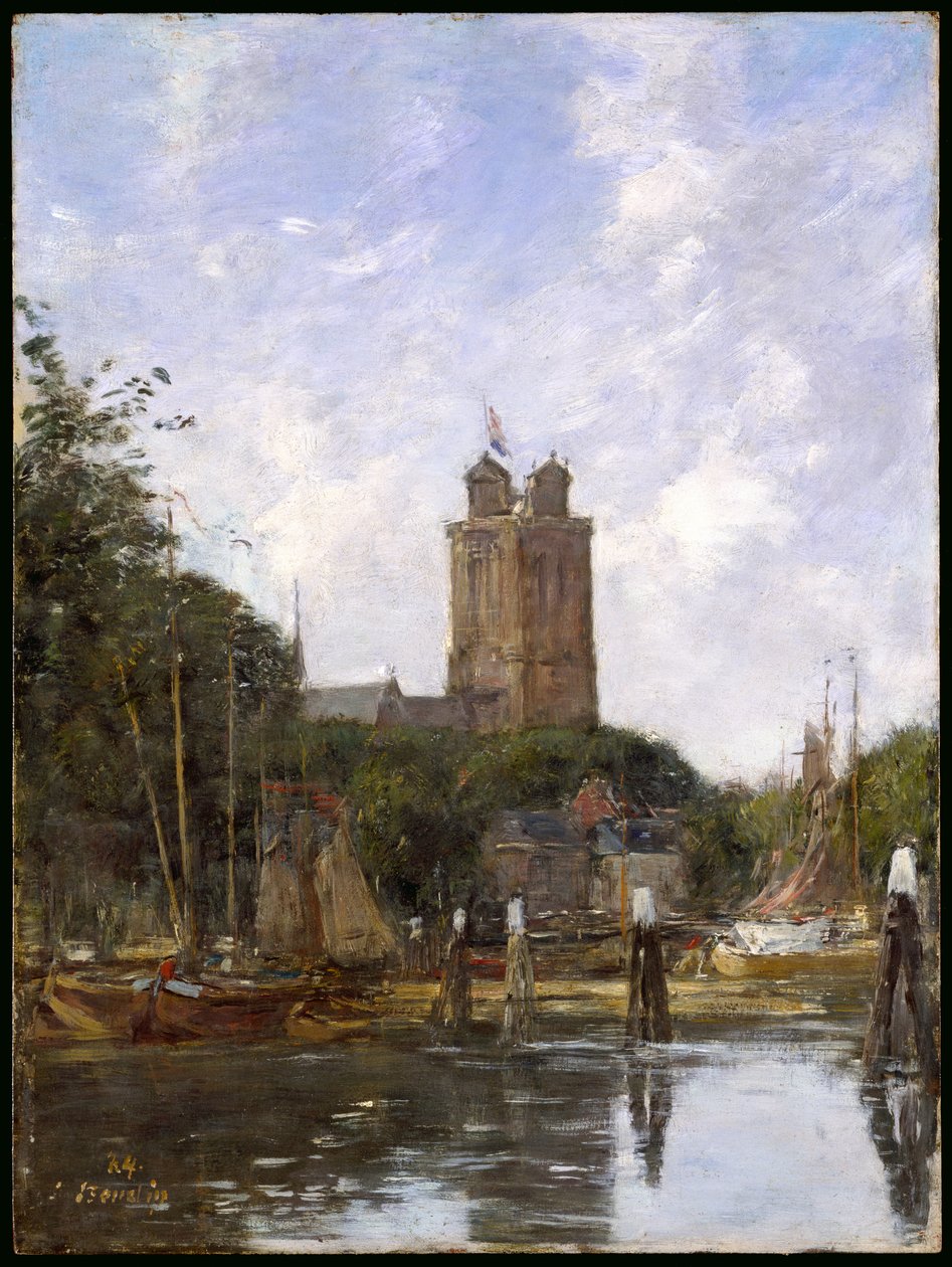 Dordrecht, den store kirke fra kanalen, 1884 af Eugene Louis Boudin