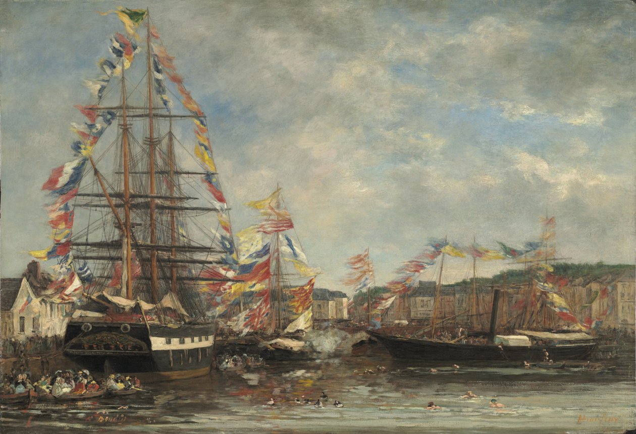 Festival i havnen i Honfleur, 1858 (olie på træ) af Eugene Louis Boudin
