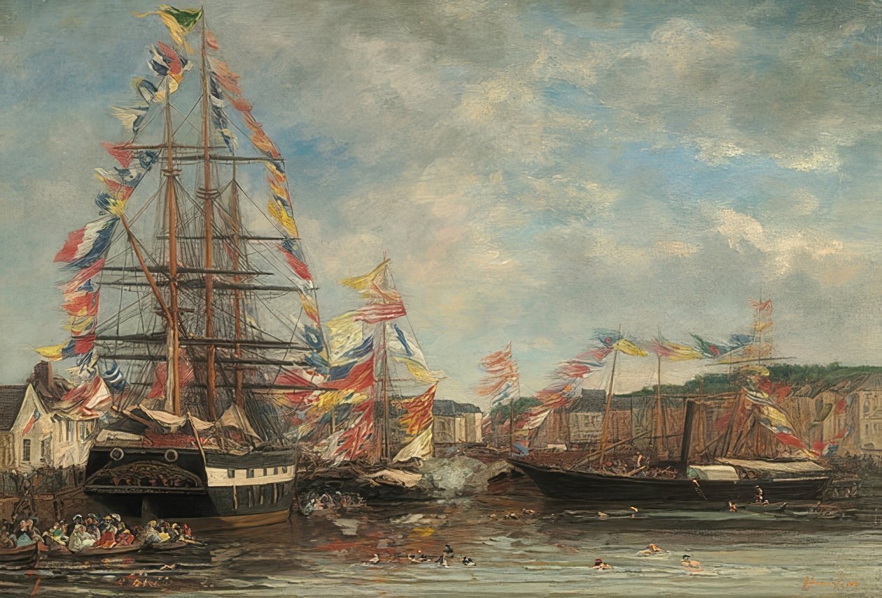 Festivaldag i havnen i Honfleur. 1858 af Eugene Louis Boudin