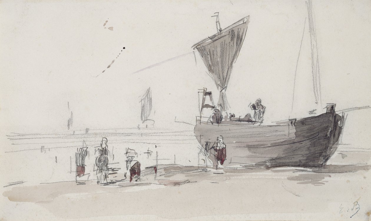 Fiskerbåd på stranden (blyant og wc på papir) af Eugene Louis Boudin