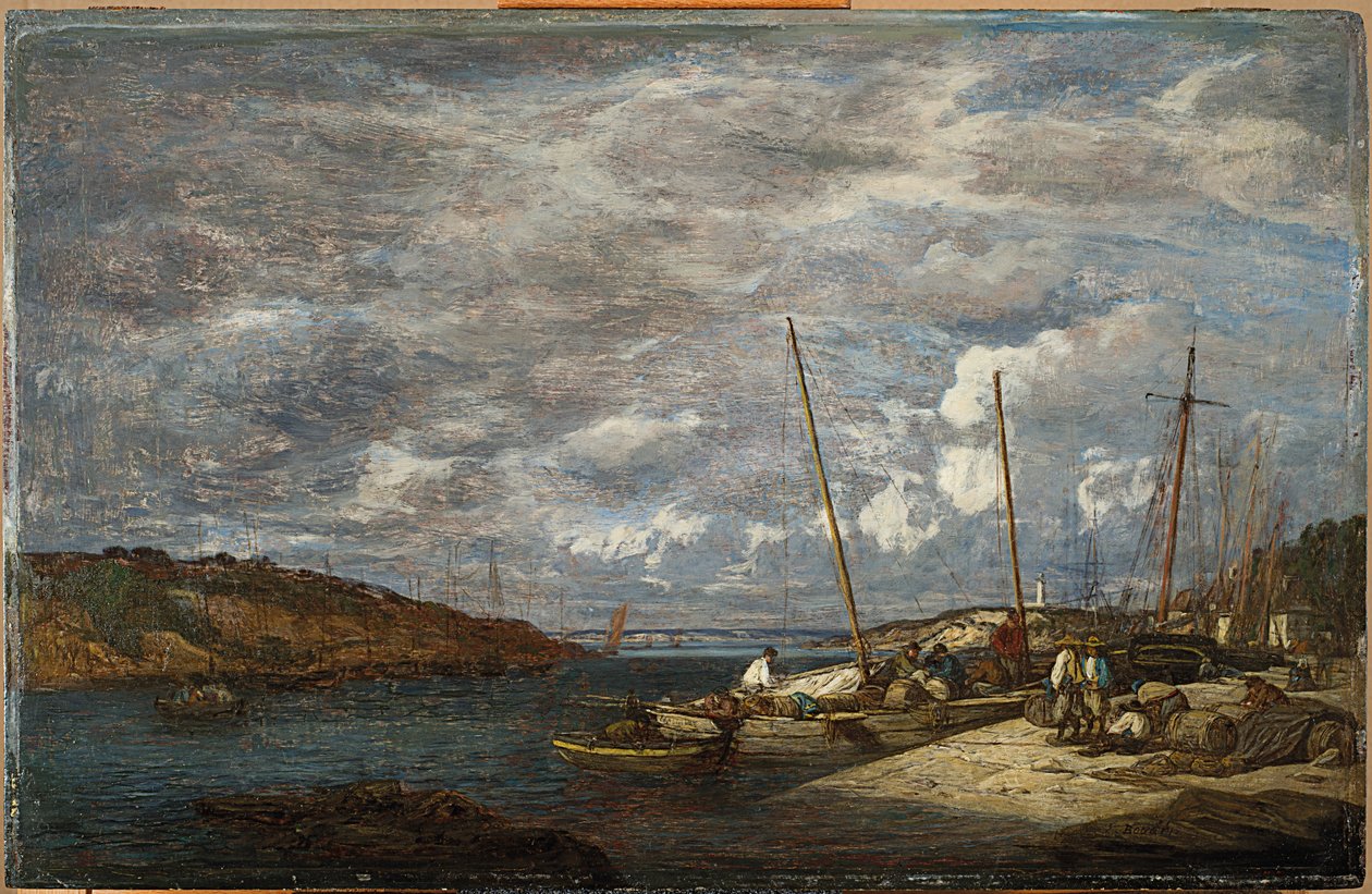 Fiskerbåde ved kajen, Douarnenez, 1855 af Eugene Louis Boudin