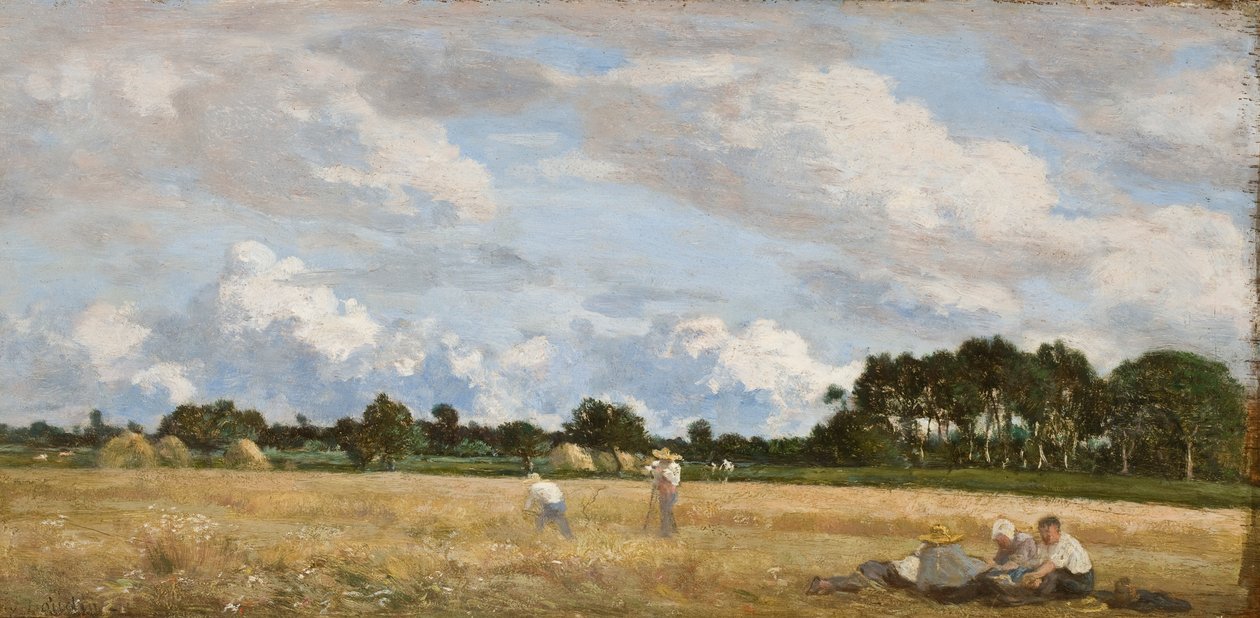 Høproduktion (Le Foins), ca. 1870-90 (olie på egetræspanel) af Eugene Louis Boudin