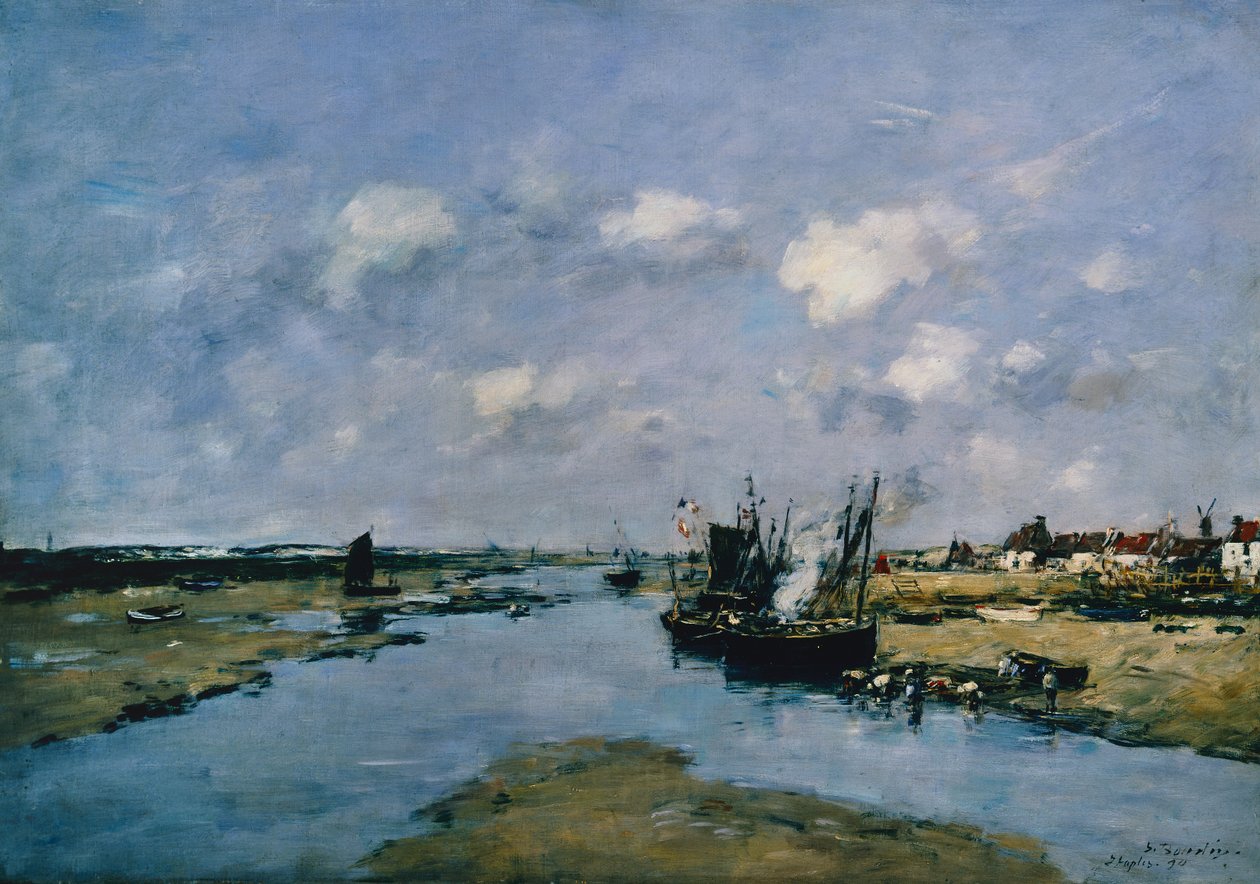Lacanche ved lavvande, Etaples (olie på lærred) af Eugene Louis Boudin