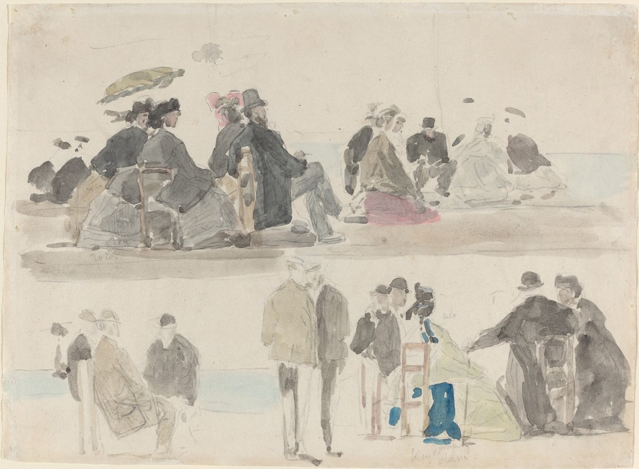 Mine damer og herrer på stranden, i to registre, ca. 1865. af Eugene Louis Boudin