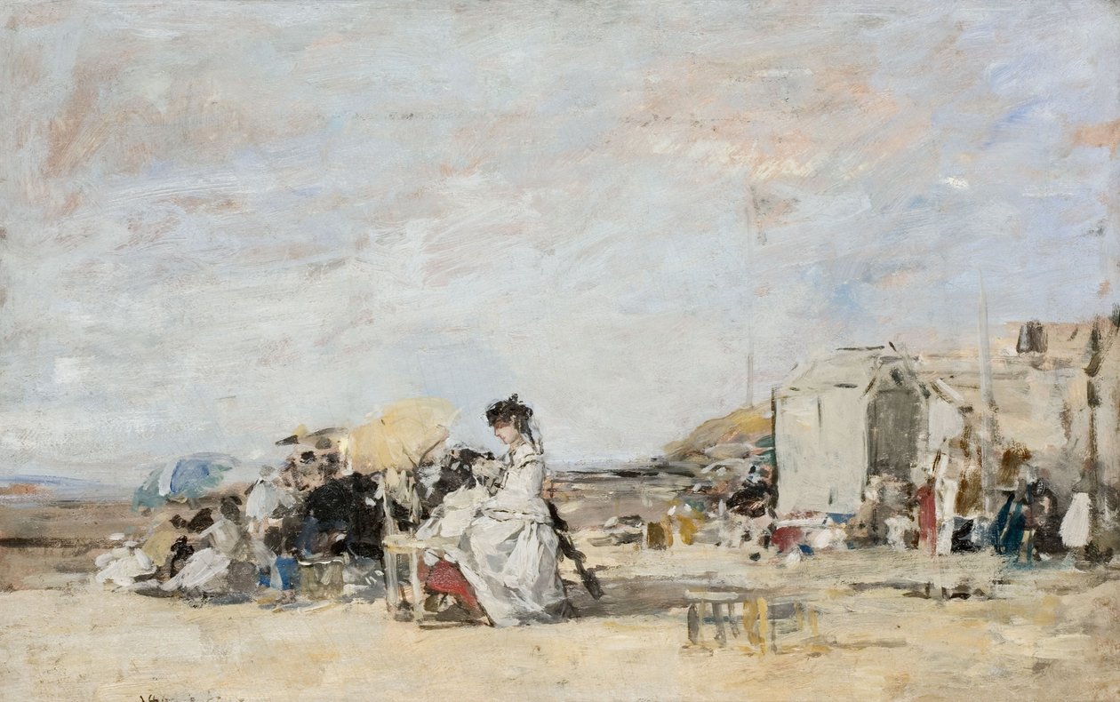 Dame i hvidt på stranden ved Trouville af Eugene Louis Boudin