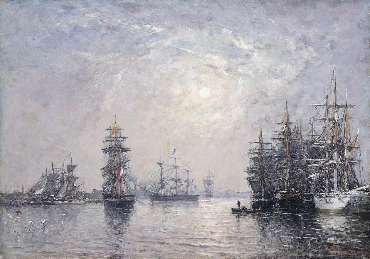 Le Havre, Eure-bassinet, sejlbåde for anker, solnedgang; Le Havre, Eure-bassinet, sejlbåde ved anker, solnedgang, 1870 af Eugene Louis Boudin