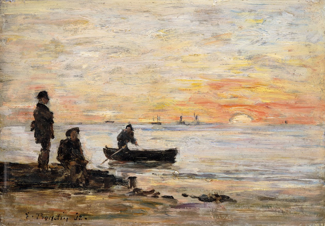 Lavvande - kyst og fiskere ved solnedgang; Lavvande - kyst og fiskere ved solnedgang, 1862 af Eugene Louis Boudin