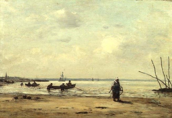 Lavvande nær Honfleur, ca. 1864-66 (olie på panel) af Eugene Louis Boudin
