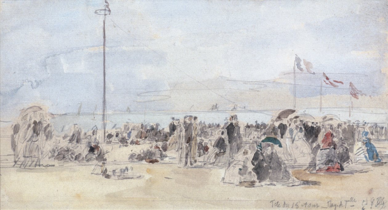 People on the Beach, Trouville, 1866 (wc & grafit på papir) af Eugene Louis Boudin