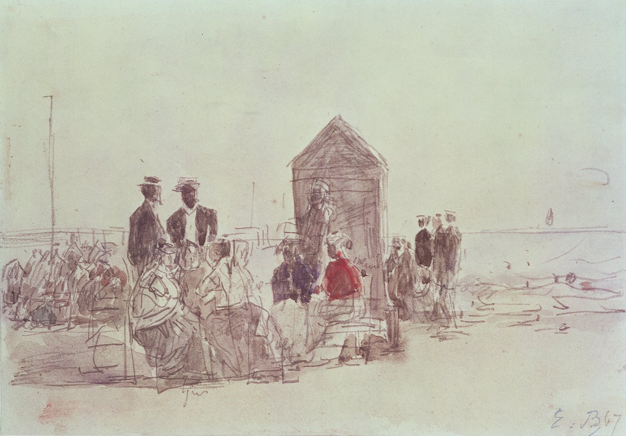 Folk på stranden ved Deauville, 1867 (wc) af Eugene Louis Boudin
